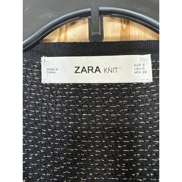Zara Black Silver Metallic Knit Open Cardigan Size Small Long Pockets Side Slits - Picture 3 of 8